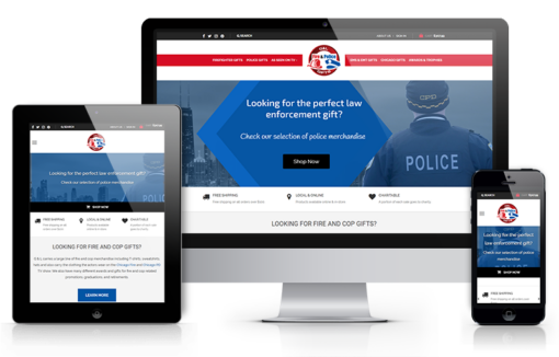 A police-themed online store, Chicago Fire And Cop Shop, is displayed on desktop, tablet, and smartphone screens with a blue banner inviting users to shop for law enforcement gifts and police merchandise.