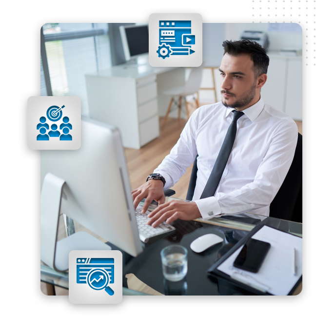A man in a white shirt and tie works at a computer in a modern office. Around him are three blue business-themed icons representing teamwork, analytics, and web development—ideal for a content marketing agency or SEO content writer.