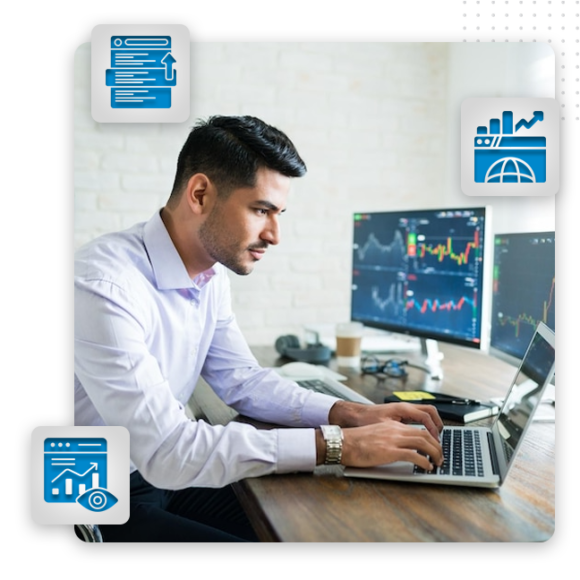 A man in a white shirt works on a laptop at a desk with financial charts on monitors, symbolizing content marketing services. Three blue finance-related icons are overlaid: a document, a chart with a globe, and a graph with a webpage.