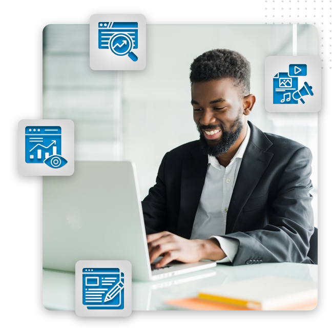A man in a suit smiles while working on a laptop at a desk, surrounded by four blue icons representing analytics, marketing, content creation, and data visualization—showcasing the expertise of a leading branding company.