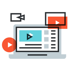 Illustration of a laptop displaying a video player interface, with play buttons and video camera icons around it, representing online video content or streaming for social media marketing.