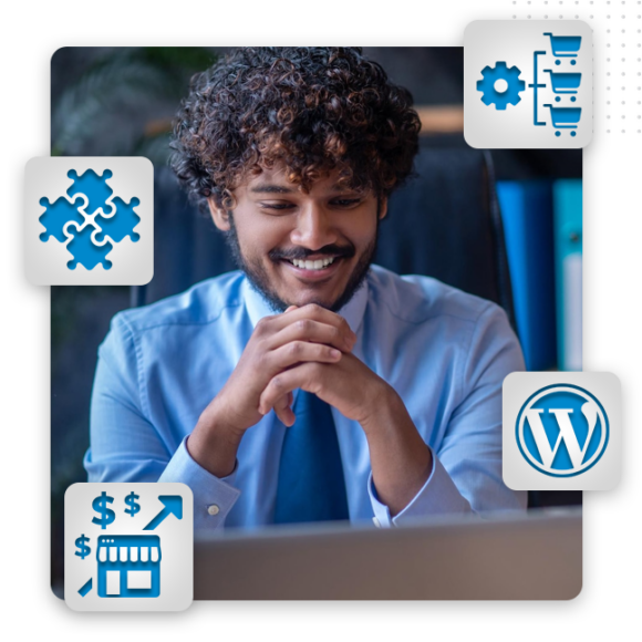A smiling man with curly hair and a blue shirt sits at a desk, looking at a laptop. Around him are icons for business ecommerce, WordPress, puzzle pieces, and financial growth.
