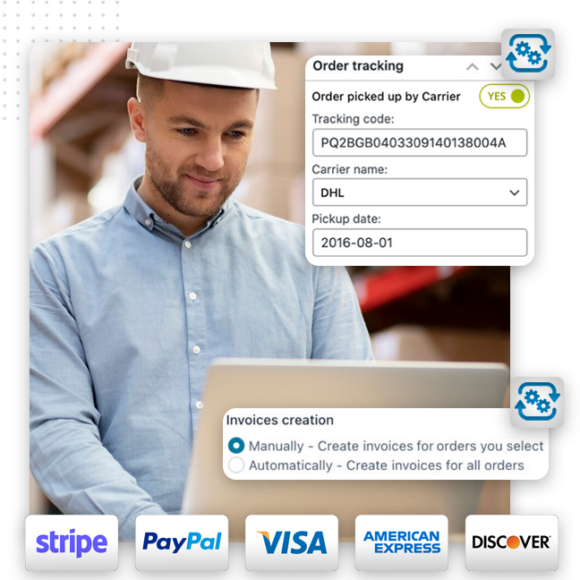 A man wearing a white hard hat uses a laptop. Overlay graphics show order tracking details and invoice creation options, highlighting ecommerce development. Logos for Stripe, PayPal, Visa, American Express, and Discover are at the bottom.