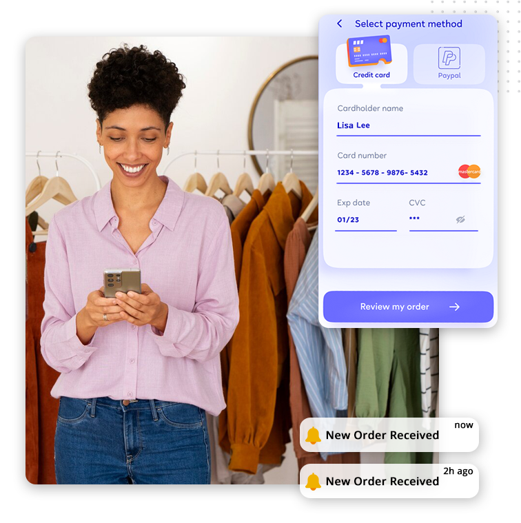 A smiling person stands by a clothing rack, looking at their phone. Overlay graphics show a credit card payment screen and notifications of new orders, highlighting the power of an effective marketing sales funnel.