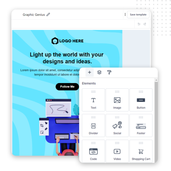 A website design editor interface shows a sample webpage on the left, ideal for creating email campaign layouts with a blue background, placeholder logo, headline, and illustration. On the right is an “Elements” menu with Text, Image, Button, Divider, and Social options.