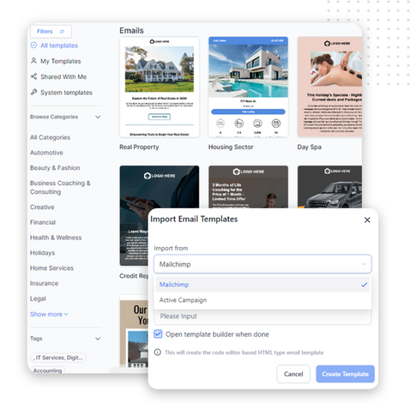 A user interface shows an email template selection screen with categories on the left and previews in the center, perfect for launching your next email campaign. A pop-up titled Import Email Templates offers import options and a Create Template button.