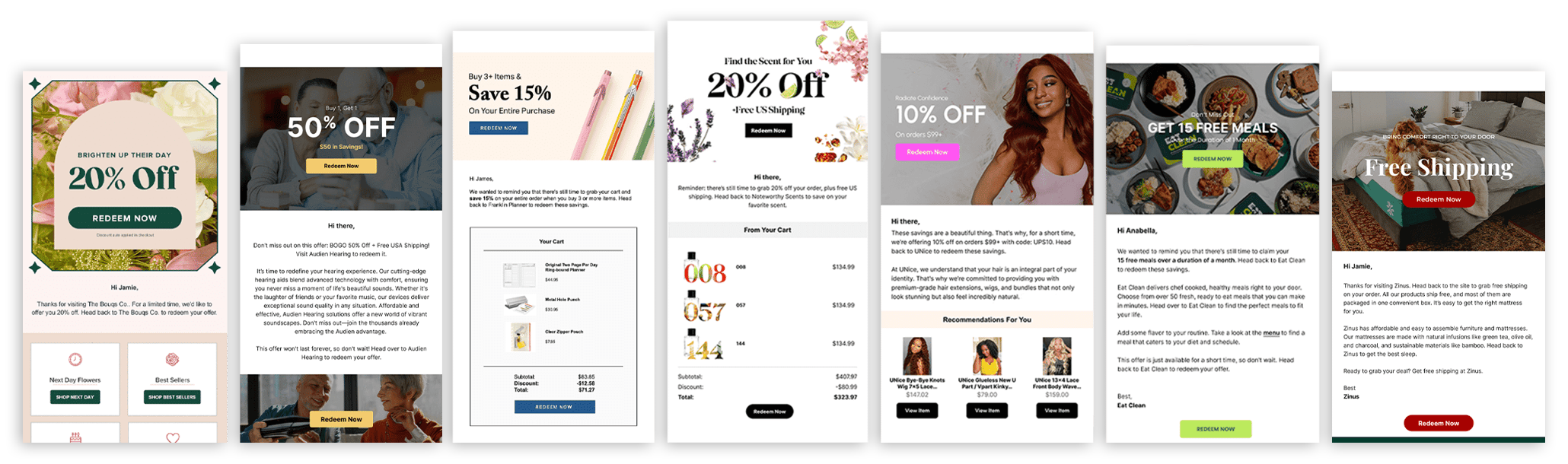 emails-templates A row of seven promotional email templates for your email marketing platform, offering 20% off, 50% off, free shipping, and more—each with vibrant designs, product images, and clear call-to-action buttons to power your next drip campaign.
