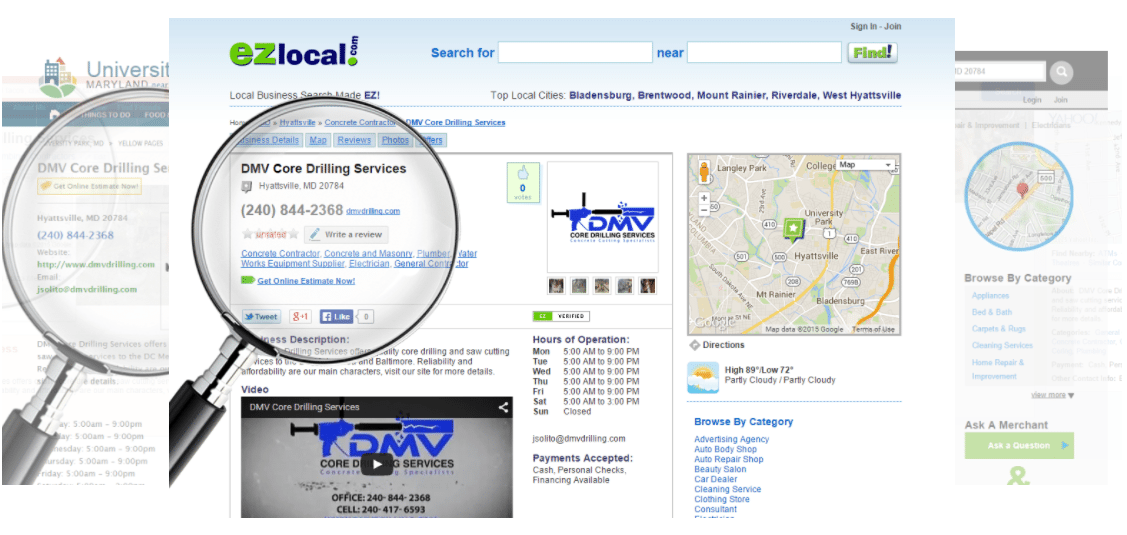 A website page for DMV Core Drilling Services is displayed, with a large magnifying glass highlighting the business information including phone number, logo, and address details on an EZlocal business directory site.