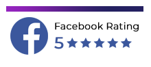 Blue Facebook f logo next to the text Facebook Rating 5, followed by five blue stars, highlighting a perfect score in Xtreme Websites Reviews.
