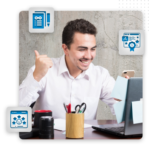 A smiling man in a white shirt sits at a desk with office supplies, looking at his phone and giving a thumbs-up to his laptop. Blue digital icons, including those for brand design and online reviews, are overlaid on the scene.