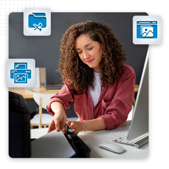 A woman with curly hair in a red shirt scans a document at her desk, surrounded by computer icons for printing and image editing—perfectly capturing the creative atmosphere of graphic design services.