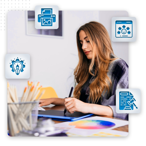 A woman with long hair sits at a desk using a digital tablet for drawing. Icons for creativity, design, branding solutions, and achievement surround her. Art supplies and a color wheel are on the desk, reflecting innovative branding services.