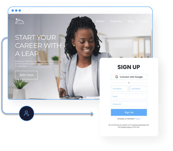 hero-674w A woman smiles while working at a desk on a website with the headline “Start Your Career with a Leap.” Next to it is a “Sign Up” form with options to register via Google or by entering name, email, and password.