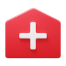 A red house-shaped icon with a white medical cross in the center, symbolizing healthcare or a hospital, ideal for representing CRM Software for Small Businesses in the healthcare industry.