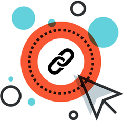 A stylized graphic with a black chain link icon inside a red dotted circle, surrounded by blue and black circles, and a computer cursor pointing at the circle—symbolizing the connectivity of online payment systems.