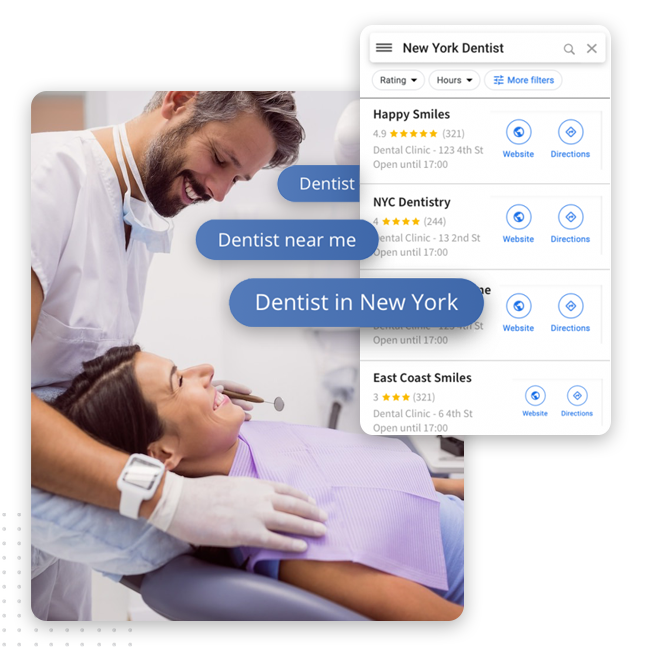 A male dentist smiles while treating a female patient. Beside them, a search result list for dentists in New York highlights options like “Dentist near me,” showcasing the impact of local SEO optimization for dental practices.