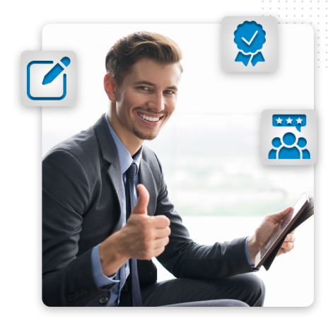 logo-satisfaction-guaranteed--feature-img A smiling man in a suit gives a thumbs up while holding a tablet. Three icons surround him: a pencil in a box, a blue award ribbon, and a group of people with stars—perfect for showcasing professional logo design expertise.