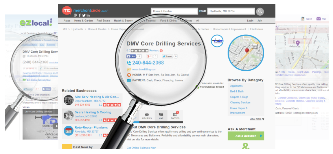 A screenshot of a business directory webpage for DMV Core Drilling Services, featuring company details, contact info, a map, and a magnifying glass highlighting the business name and phone number.