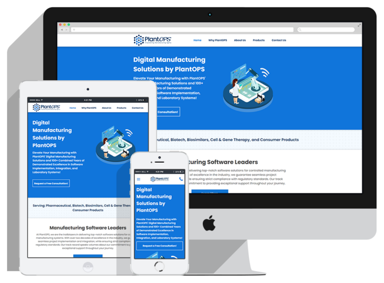A computer monitor, tablet, and smartphone display the same PlantOPS website, featuring digital manufacturing solutions in a blue and white palette with an illustrated header—highlighting their Website Design Packages for seamless cross-device consistency.