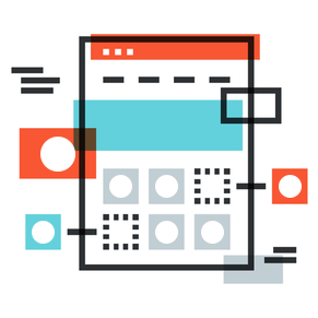 Abstract illustration of a website wireframe with geometric shapes, icons, and colored blocks in red, blue, black, and white, representing web design and layout planning for a social media marketing agency.
