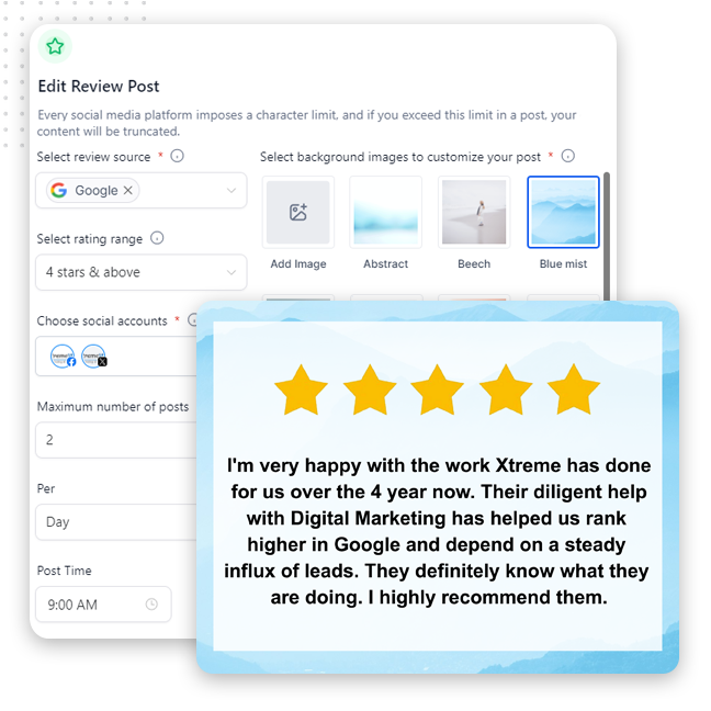 A review post editing interface displays options for Google reviews, rating, and scheduling posts. An example review with five gold stars praises Xtreme's reputation management tool for excellent digital marketing and lead generation over four years.