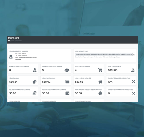 Dashboard showing sales metrics: managed customers, orders, total earnings, subcommission earnings, total orders value, and commission percentages. Includes an affiliate link and sections for pending and paid subcommissions.