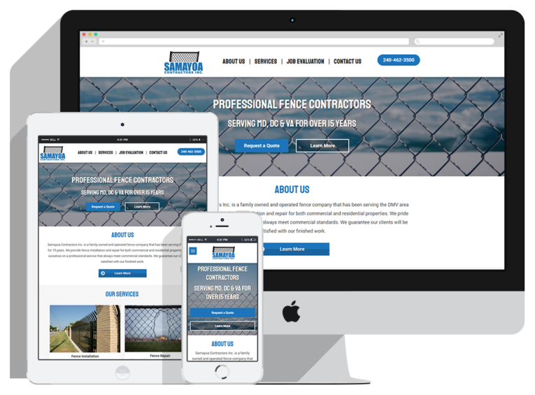 A desktop, tablet, and smartphone display a fencing contractor website with a chain-link fence background, blue accents, navigation bar, and buttons for requesting a quote and learning more—perfect for showcasing Web Design Company offerings.