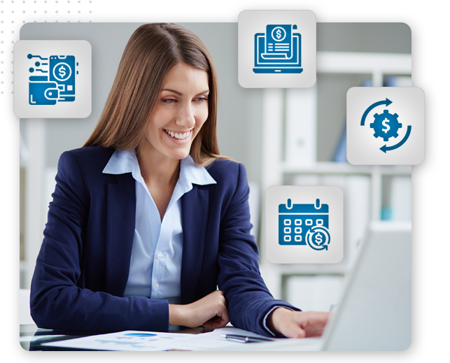 A woman in a business suit smiles while working at a laptop. Surrounding her are financial icons, including a wallet, document, calendar, and currency exchange symbols—highlighting the use of online payment systems in a business setting.