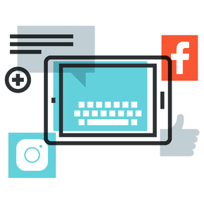 Illustration of a tablet with a keyboard on its screen, surrounded by social media icons for Facebook and Instagram, a thumbs-up symbol, and message bubbles, representing digital communication and social media advertising.