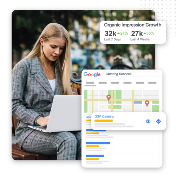 track-google-growth A woman in a plaid suit works on a laptop outdoors. Overlaid are graphics showing search results for catering services on Google Maps, statistics highlighting organic impression growth, and insights from an SEO consultant.