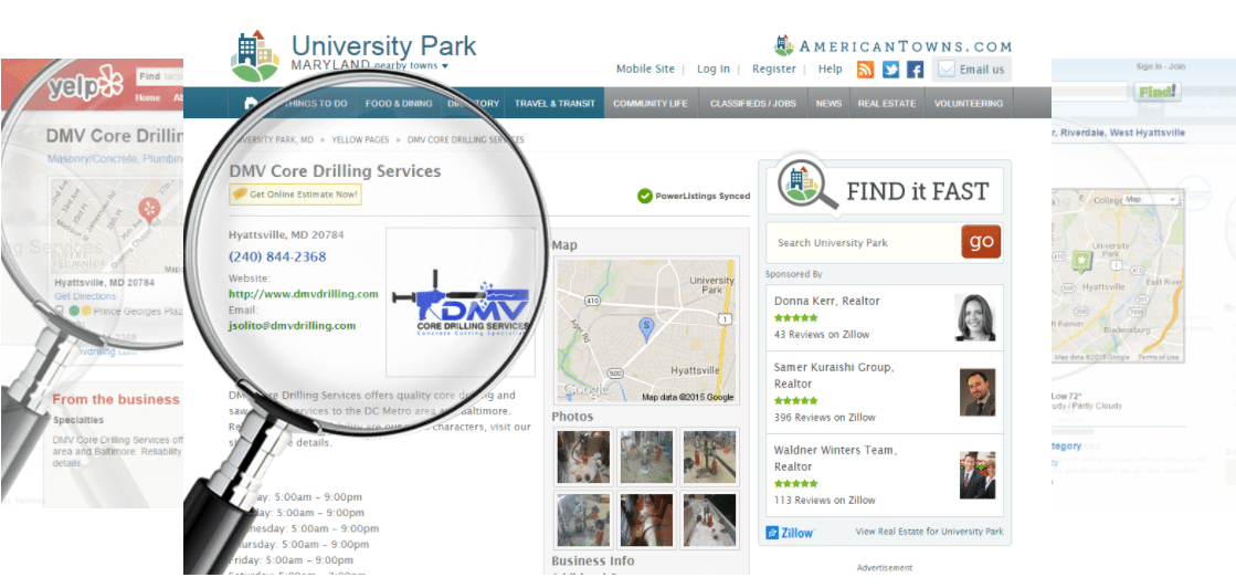 A computer screen displays a search result for DMV Core Drilling Services in Hyattsville, MD, with a magnifying glass highlighting their contact information and logo, alongside various website search elements and listings.
