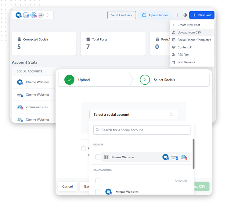 A social media management dashboard shows connected social accounts and post stats. A pop-up window displays options for uploading, selecting social accounts, and importing posts from a CSV file—ideal for any social media agency’s workflow.