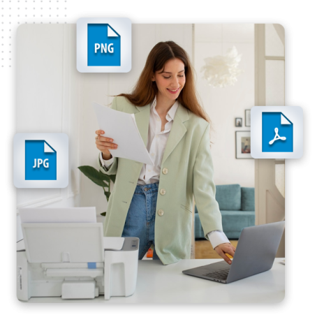 versatile-formats-feat-img A woman stands at a desk using a laptop and holding papers, next to a printer. Icons for PNG, JPG, and PDF files appear around her, suggesting document management—ideal for a professional logo designers or a brand logo project.