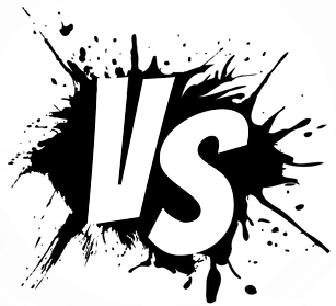 The image shows bold white letters VS over a black paint splatter background, symbolizing a versus or competition scenario.