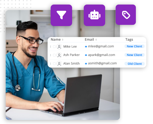 A smiling man in blue scrubs types on a laptop. Overlaid icons represent filters, automation, and tags, highlighting how crm software helps manage a contact list with names, emails, and client tags like New Client and Old Client.