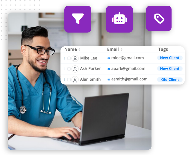 A smiling healthcare professional in blue scrubs types on a laptop using the best CRM software. Overlaid are icons and a table showing client names, emails, and tags labeling them as New Client or Old Client.