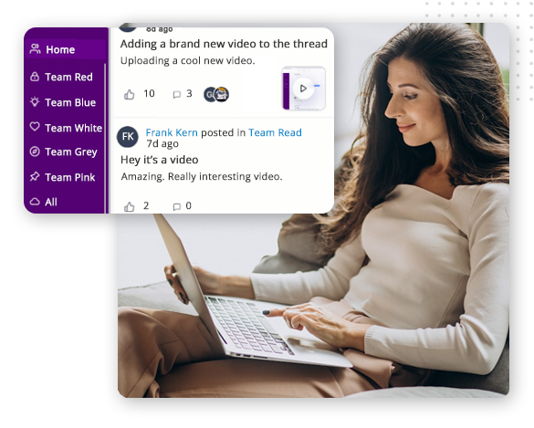 xtreme-automator-community-img-small A woman with long brown hair sits on a couch using a laptop. Next to her, a digital interface—part of a top crm platform—shows a chat with team channels, posts about a new video, and options for liking and commenting.
