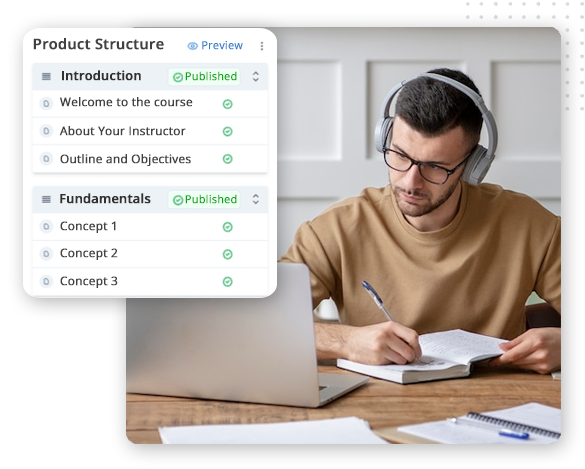 xtreme-automator-course-creation-img-small A man wearing headphones sits at a desk, writing in a notebook while looking at a laptop. A digital course outline titled Product Structure is visible on the screen, featuring fundamentals of using CRM Software for Small Businesses.