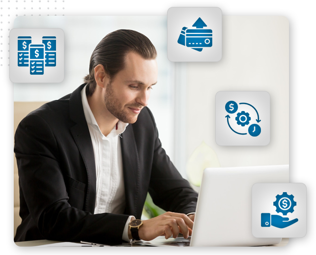 A man in a suit works on a laptop at a desk, surrounded by icons representing online payment systems, financial transactions, payment methods, money exchange, and financial management.