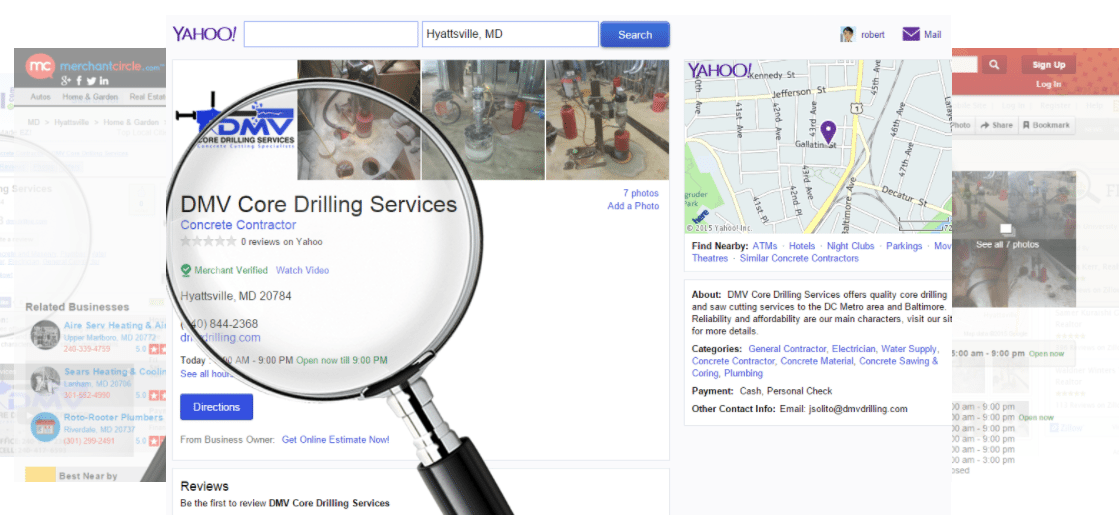 A computer screen displays a Yahoo search result for DMV Core Drilling Services, showing business details, contact info, directions, reviews, and a map. A magnifying glass emphasizes the business listing.