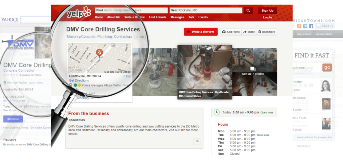 Screenshot of a Yelp business page for DMV Core Drilling Services, showing a map, business hours, photos of concrete drilling work, and company details under the From the business section.