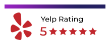 Yelp rating graphic featuring a red Yelp logo, the text Yelp Rating, and a 5-star rating with the number 5 in red, accompanied by five red stars—perfect for showcasing Xtreme Websites Reviews.