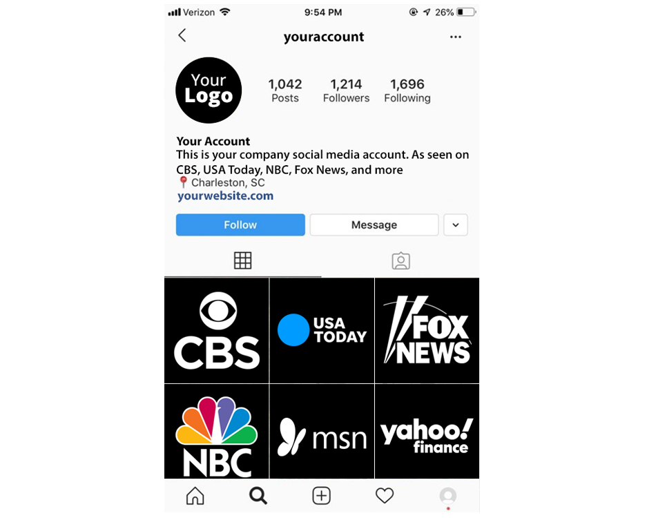 your-social-media-account A mockup of an Instagram profile for a company account specializing in PR public relations services, featuring 1,042 posts, 1,214 followers, and logos from CBS, USA Today, Fox News, NBC, MSN, and Yahoo Finance on the feed.